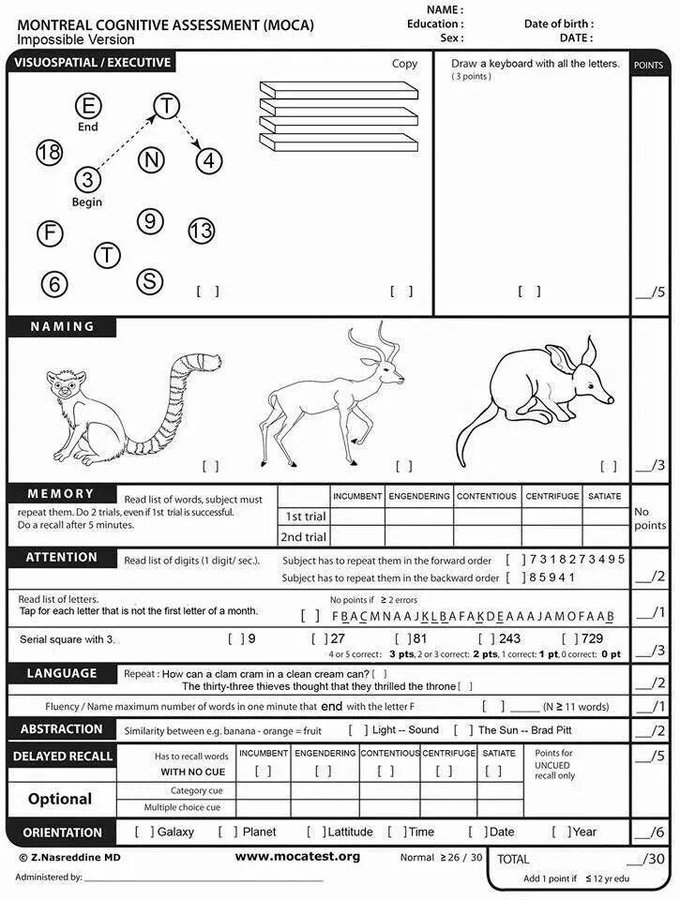 MedInnovatorMD's tweet photo. The Montreal Cognitive Assessment (MoCA) test is a screening test used to detect mild cognitive impairment. Interested in seeing if you're impaired? 

Check out the worksheet below!

#MedTwitter #MedHumor #MoCA #MedStudent #CognitiveImpairment #Alzheimers https://t.co/Vx39h9Qx4K