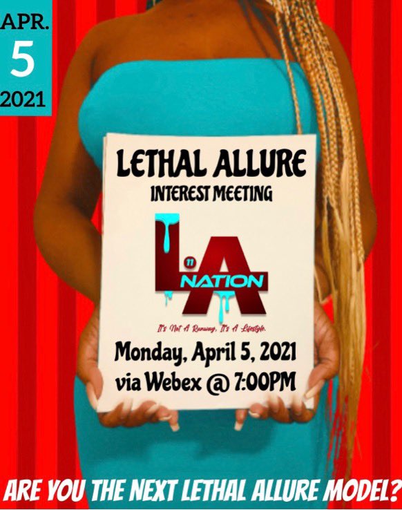 nandimfnikole's tweet photo. “It’s Not a Runway, It’s A LIFESTYLE” 💉
•
Are YOU the Next Lethal Allure Model? 👀 Come Join LA Nation at our Virtual Interest Meeting 💻 on Monday, April 5th via Webex @7PM ! Find a LA Model or DM @LethalAllure_ on IG or Twitter for the Link❗️💙❤️
•
•
#ItsTHENation
#SSU https://t.co/J6FBCPnIvL