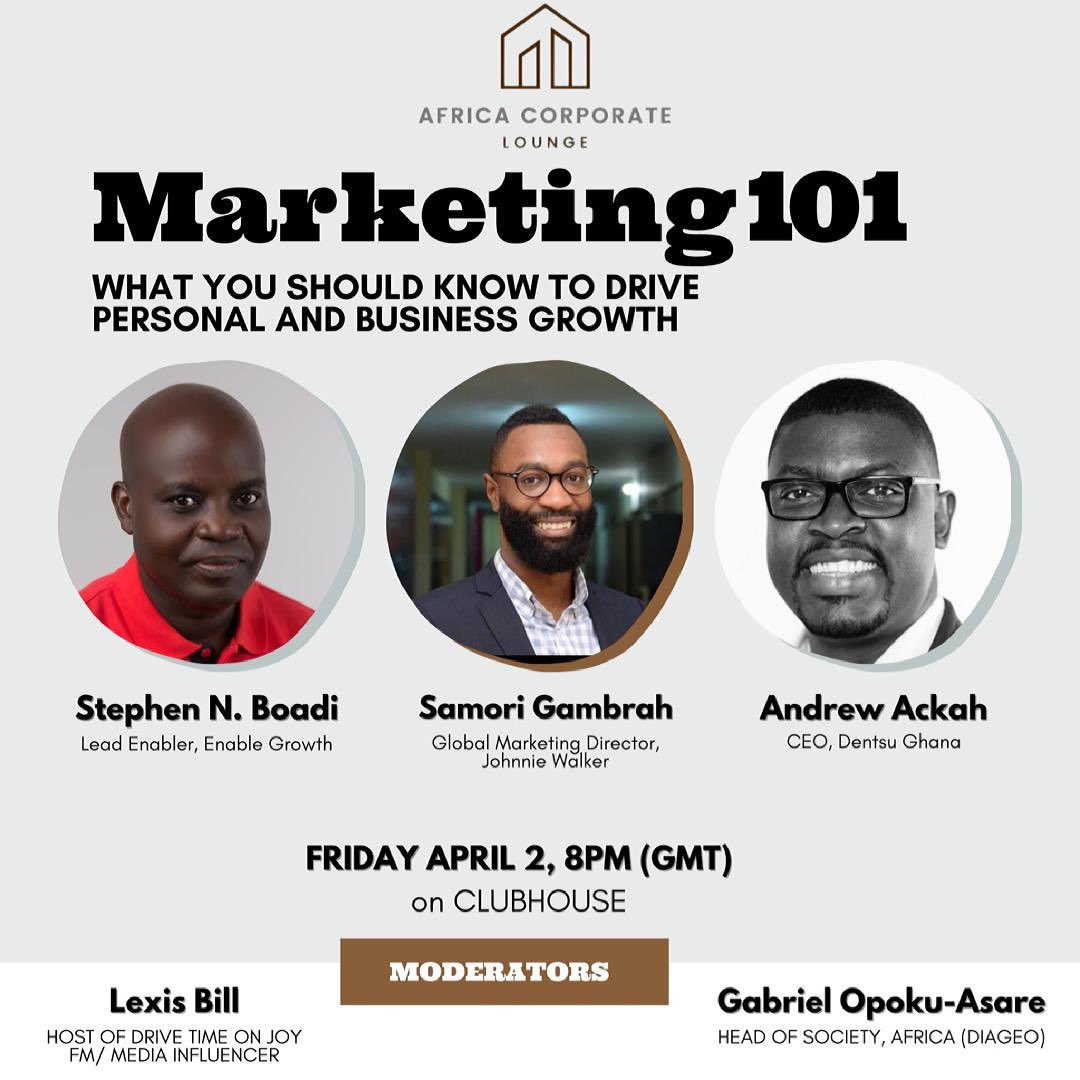 lexisbill's tweet photo. At 8pm tonight, some of the world best marketing brains will be in the same room to talk about your personal growth and the growth of your business. Join the @LoungeAfrica clubhouse session with Andrew Ackah, Samori Gambrah and @Naasei. I’ll be hosting with @gopokuasare https://t.co/dGa7A1WBt4