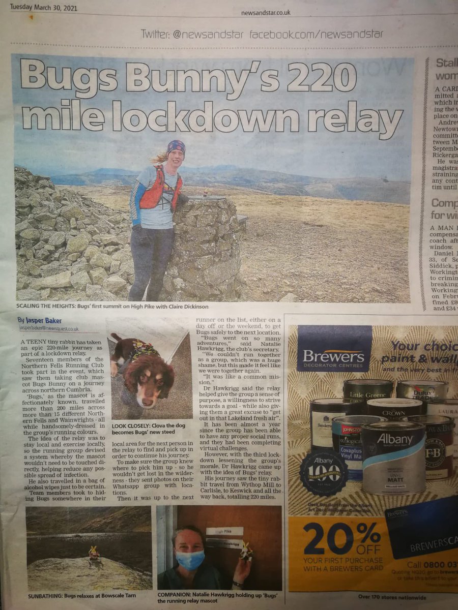 NorthernFellsRC's tweet photo. Bugs completed his journey just before restrictions eased. He covered over 220 miles, visited 22 different Wainwright summits and featured twice the the local papers! Well done to all NFRC members involved πππ #lockdownrelay https://t.co/rmwSxSuwbA