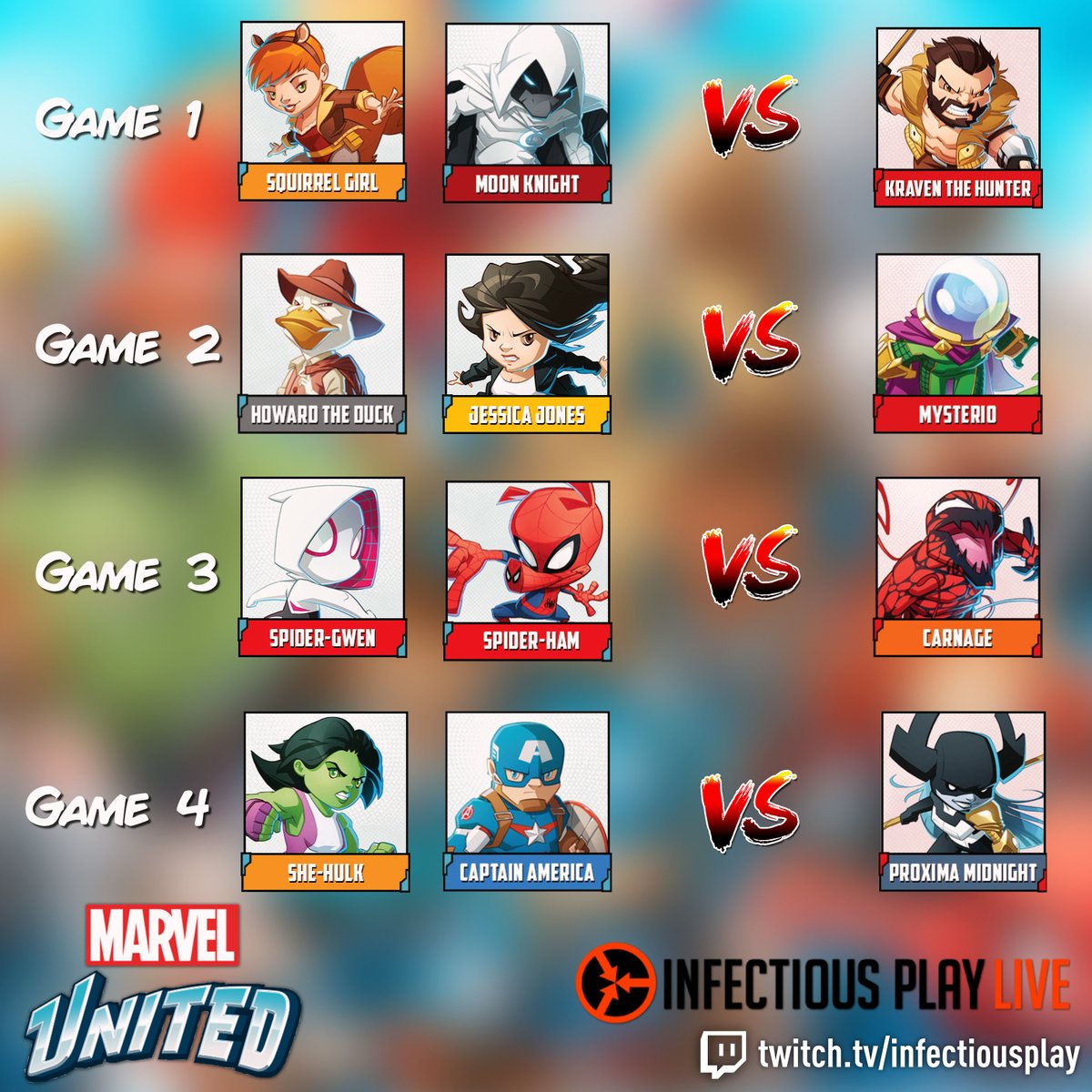 InfectiousPlay's tweet image. Here's our matchups for today's stream. Join @JonGilmour and @Chaos_Moss as they battle it out against the forces of evil in Marvel United from @CMONGames! Who's your favorite hero/villain here?
Live at 1PM EST twitch.tv/infectiousplay/