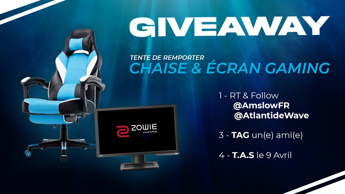 AmslowFR's tweet image. Concours 🎁
Remporte une chaise et un écran gaming ! Suffit de #RT ce tweet, #Follow @AtlantideWave 🌊 et moi même et pour finir, TAG un(e) ami(e) 📝

Tirage au sort le 9 Avril 🤝