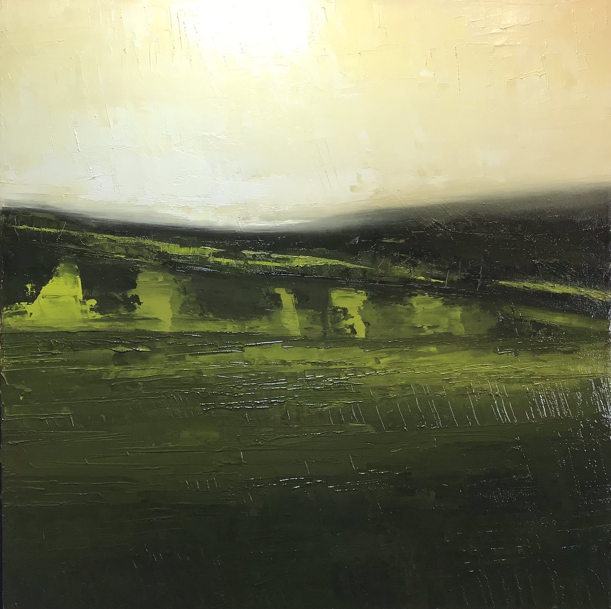 Sunset over Drumau Mountain, Neath 24in x 24in, oil on canvas #drumau #sunset #mountain #fields #valeofneath #neath #oilpainting #welshart #paletteknifepainting