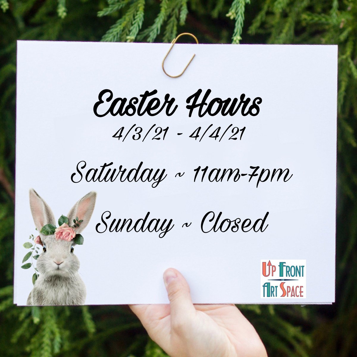 upfrontartspace's tweet photo. Easter Hours🐰
 4/3/21 - 4/4/21 
Saturday~11am-7pm
Sunday~ Closed 
#upfrontartspace #cuyahogafallsartgallery #cuyahogafallscustomframeshop #dtcf https://t.co/9Liy6GUWF5