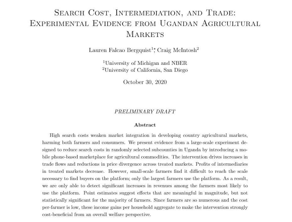 DaveEvansPhD's tweet photo. In Uganda, a mobile phone-based marketplace for agricultural commodities increased trade flows and reduced price divergence, but only for the largest farmers who could reach the scale required to find buyers on the platform. https://t.co/xAJxW7rh6C by @lfbergquist &amp; McIntosh https://t.co/5zqqnoMPgp