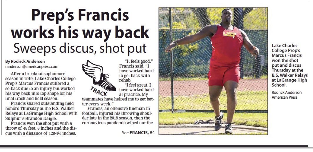 CoachTCaheeII's tweet photo. Prep’s Francis works his way back 
- Sweeps discus, shot put 

Proud of my guy, one of the leaders in our locker room. Has taken his role serious and led by example‼️

Road to the state championship ‼️

#ThePrepWay #JustBlaze 💨 https://t.co/6BzvQOEaTU