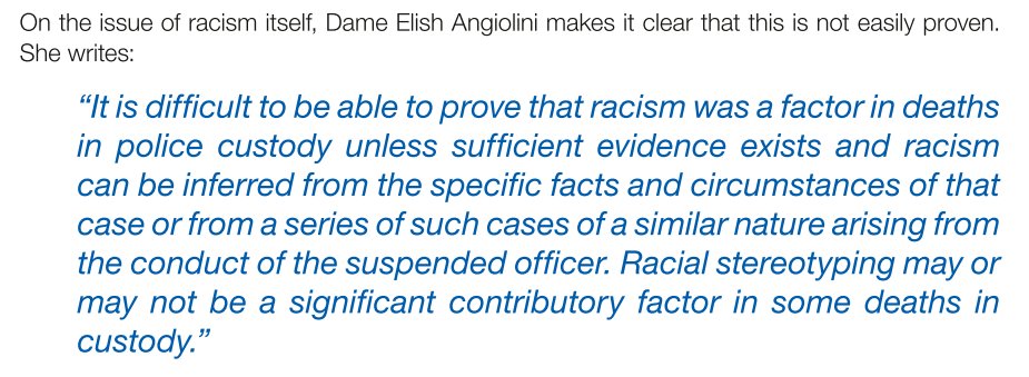 Perhaps most egregiously, they misrepresent the words of Dame Angiolini in her report on deaths in custody (a report which repeatedly mentions the institutional racism of which Sewell's Commission denies the existence). Here is their quote of her words...