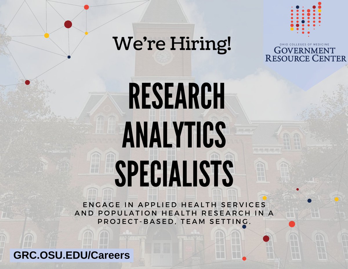 GRCOhio's tweet photo. We're hiring a Research Analytics Specialist and a Senior Research Analytics Specialist. Check out the GRC Careers page for more information! https://t.co/fAnWeTsz1s

#ResearchAnalytics #Statistics #HealthResearch https://t.co/lcaFbz8PsD