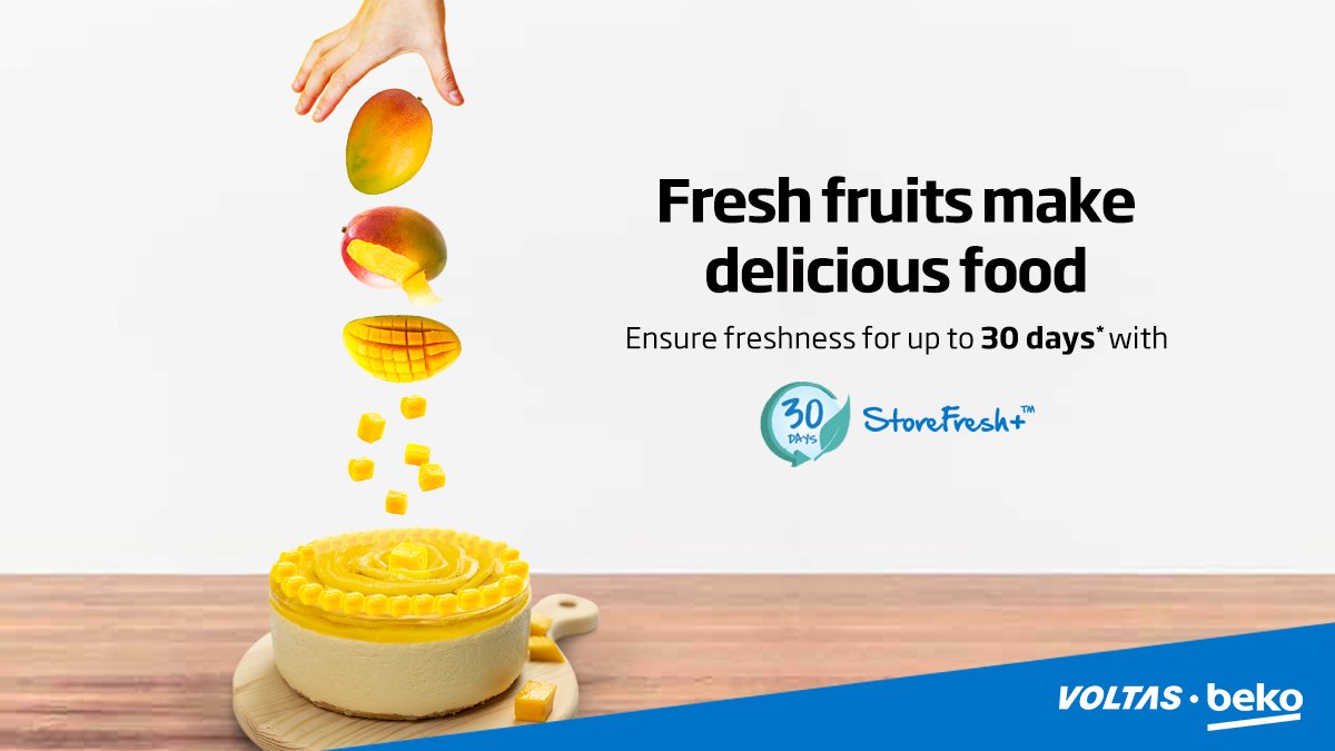 VoltasBeko's tweet photo. Add a fresh flavour to your dishes with fruits that stay fresh for longer, thanks to the StoreFreshTM technology in #VoltasBeko refrigerators.
.
.
.
.
#StoreFresh #Refrigerators #FreshFruits #Freshness #EverydayHappiness #TestedByRealMoms #FoodLove #MangoPie #FreshMangoes https://t.co/xGGHX1nzkU