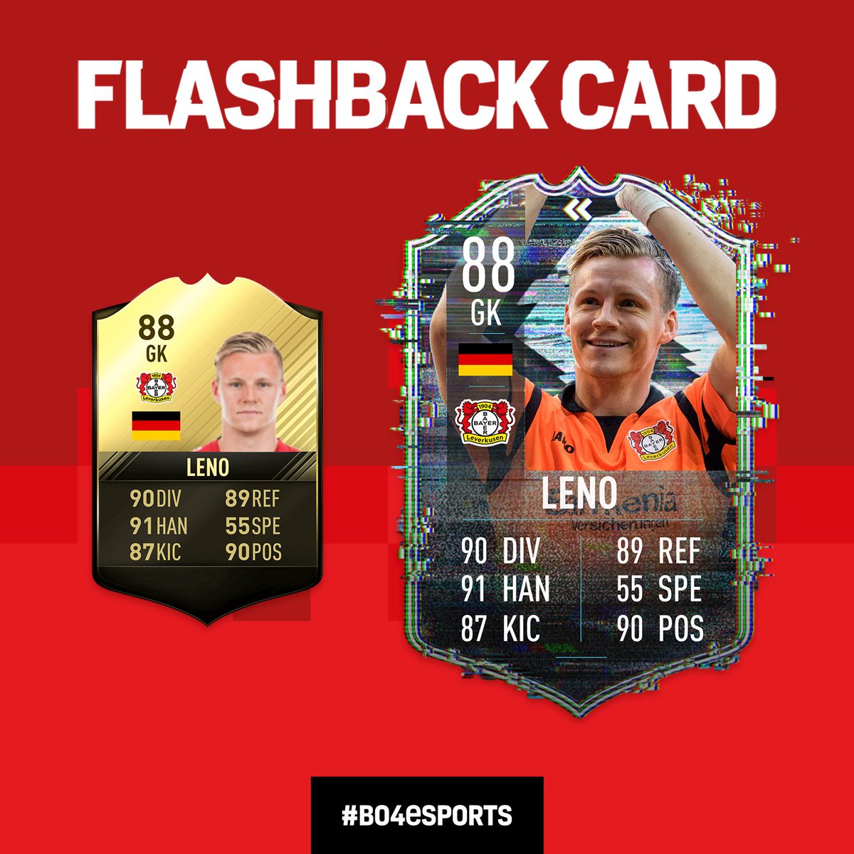 b04esports's tweet photo. Zeit für unser nächstes #FlashbackFriday #CardConcept! ⚫️🔴

——

👉 8️⃣8️⃣ @Bernd_Leno 🔥🔥

@bayer04_en I @bayer04fussball I @deto_official I @Dubzje I @marclandwehr I @Leno_eSports I #B04eSports https://t.co/Sb1kKHkwek