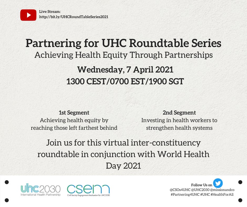 Interested in Achieving Health Equity Through Partnerships? Then be part of this joint event between <a href="/CSOs4UHC/">CSEM (UHC2030 Civil Society Engagement Mechanism)</a> &amp; <a href="/UHC2030/">UHC2030</a> Private Sector Constituency on #WorldHealthDay Apr 7th, 1300 CEST. Watch live: youtube.com/watch?v=Hf5WKb… #partnering4UHC #HealthForAll