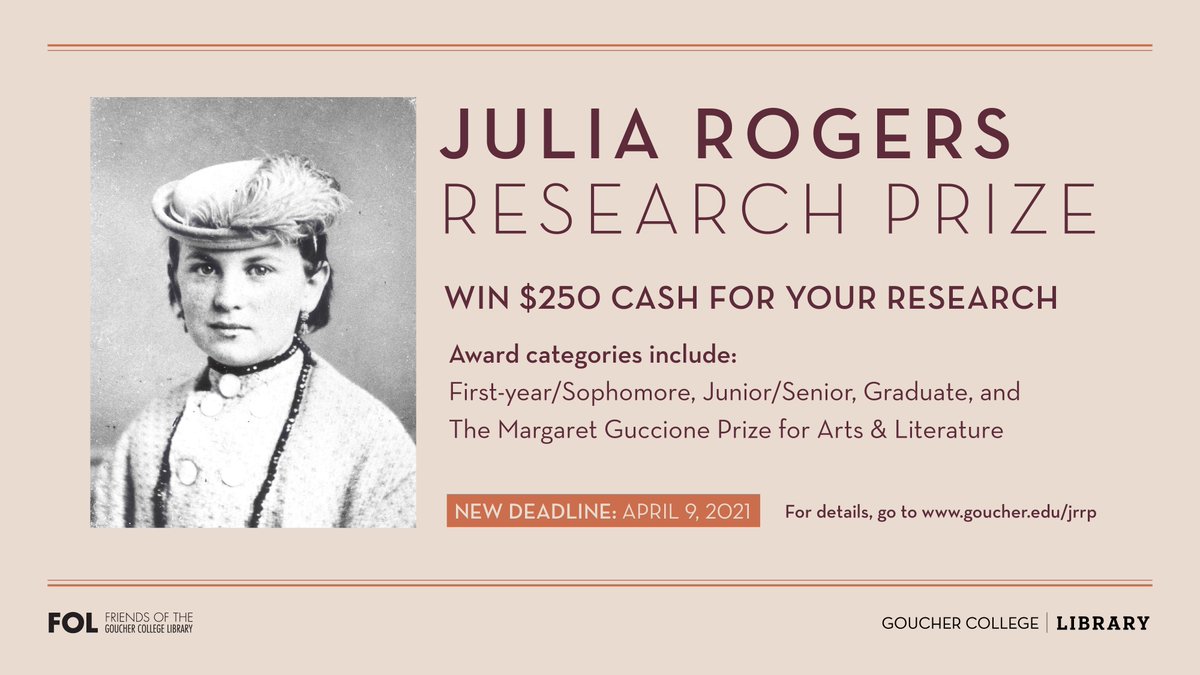 GoucherLibrary's tweet image. Don&apos;t miss the upcoming (extended!) deadline to submit a 2020 research project for the Julia Rogers Research Prize on April 9th! The prize is $250 for each award category. Please visit goucher.edu/jrrp for more information.