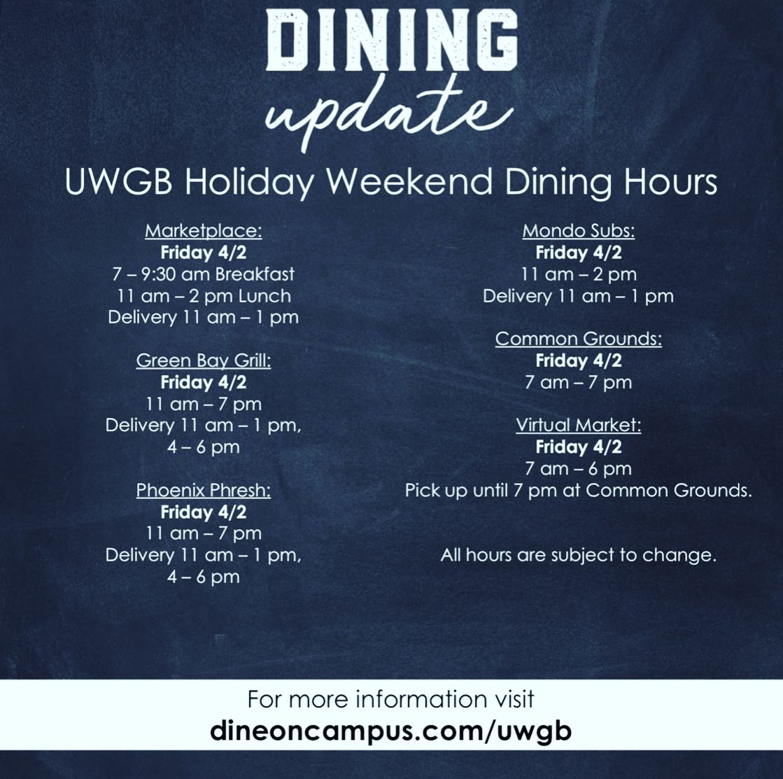 UWGB_Dining's tweet photo. Holiday weekend dining hours start today! #uwgb_dining #diningupdates https://t.co/Le1wPkzPLj