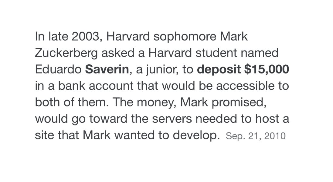 7/ PS: People will prob disagree with the Eduardo Saverin one. Not really an “investment”. Saverin got a material FB stake for depositing $15k in a checking account to pay for servers: