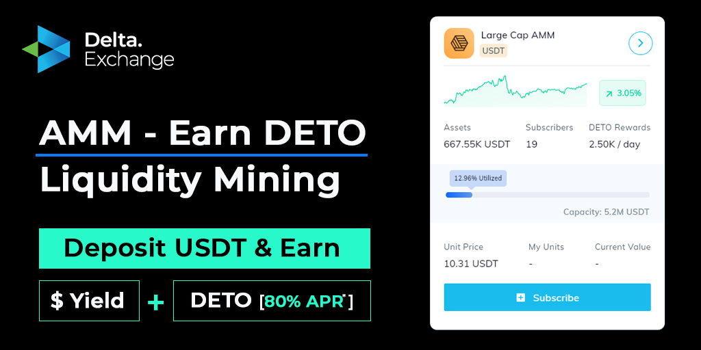Delta_Exchange's tweet photo. Launching 𝗟𝗶𝗾𝘂𝗶𝗱𝗶𝘁𝘆 𝗠𝗶𝗻𝗶𝗻𝗴 on Large Cap AMM.

✅ Daily $DETO rewards.

Deposit USDT &amp; earn $ 𝗬𝗶𝗲𝗹𝗱𝘀 + $DETO (80% APR*)

It looks to capture dynamic premium to those seeking liquidity are willing to pay over the fair price.

📈 Explore: https://t.co/ILQXTRsYv8 https://t.co/hsy4qixpBb