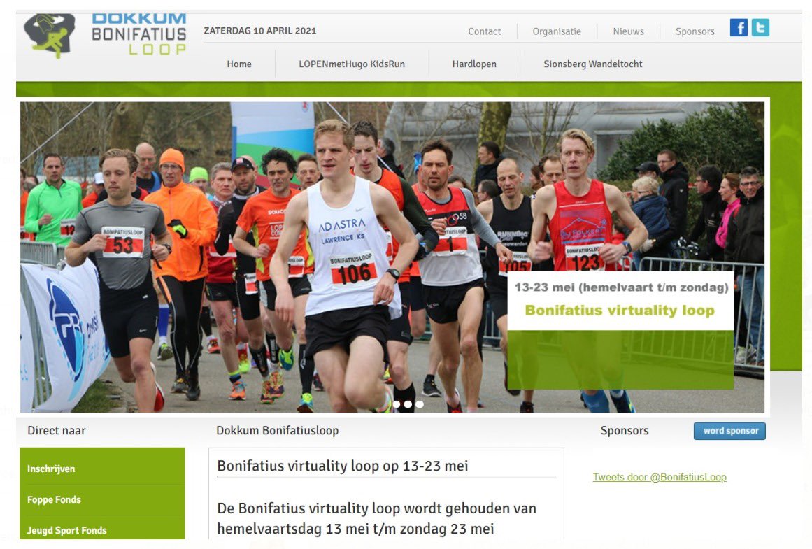 De Bonifatius Virtuality loop wordt gehouden van Hemelvaartsdag 13 mei t/m zondag 23 mei. Nadere informatie volgt eind volgende week via de website bonifatiusloop.nl