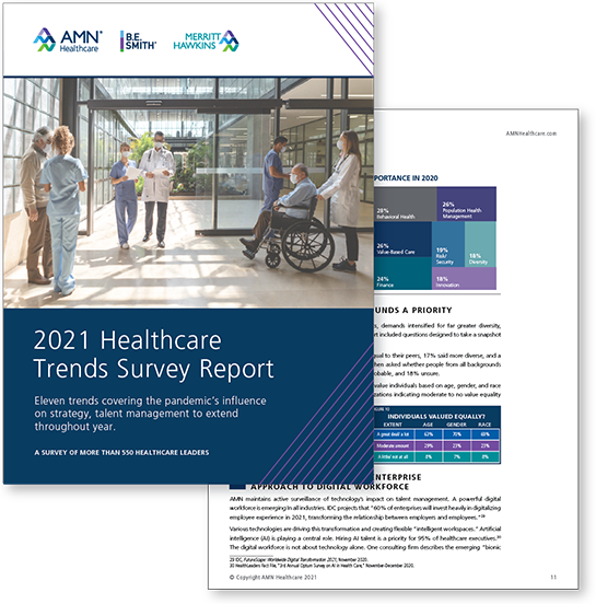 Avantas's tweet photo. Our colleagues with AMN Leadership Solutions have released the 2021 Healthcare Trends Survey Report, addressing issues such as clinician burnout, recruitment efforts, return-to-work strategies and more. Download the findings here: https://t.co/Q5BmZytuug https://t.co/KqZDMsPMw1