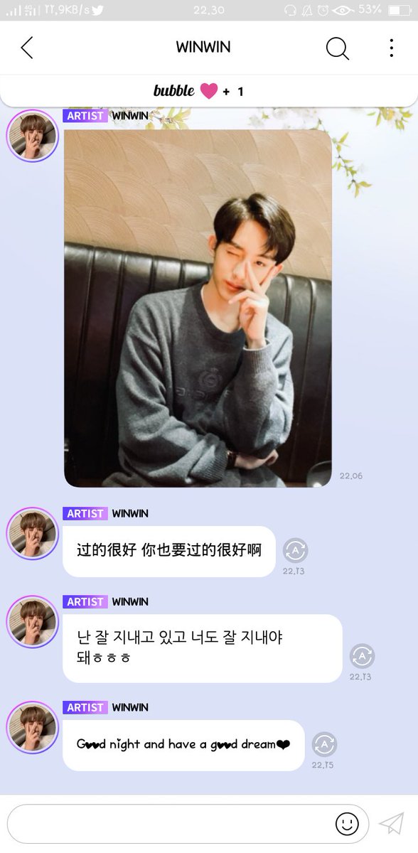 wonchocopearl's tweet photo. Kesukaan aku juga update bubble, si mas menang, tau aja aku lagi nungguin, di ucapin good night sama have a good dream lagi💚💚💚
#WINWIN #bubblelysn https://t.co/f9ogiz6WqW