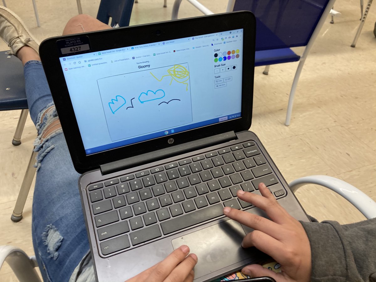 SteinbrinkLaura's tweet photo. @gimkit @JoshGimkit @Rdene915 @hayes_melisa @jmattmiller @TedHiff @TxTechChick @KarlyMoura @kristi_daws @MsDeFriese @carrie_baughcum @kevinhoneycutt Definitely! When talking about tone, mood, and diction, it was fun to see the word "gloomy" turn into a picture! The S drew the sun, happy clouds, & birds. Not GLOOMY! Ss discussed. Nothing like a visual to help the learning be sticky! #DrawThat #GimKit https://t.co/uM1aR5vSes