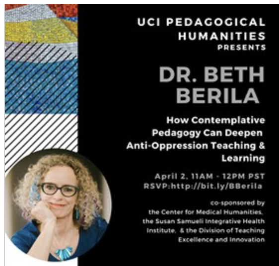 bethberila's tweet photo. Thrilled to be giving this talk on how Contemplative Pedagogy can complement and deepen Anti-Oppression and Social Justice teaching and learning at the UCI Humanities Center this afternoon.

https://t.co/UPnakIDton https://t.co/tkoM4lf7YU