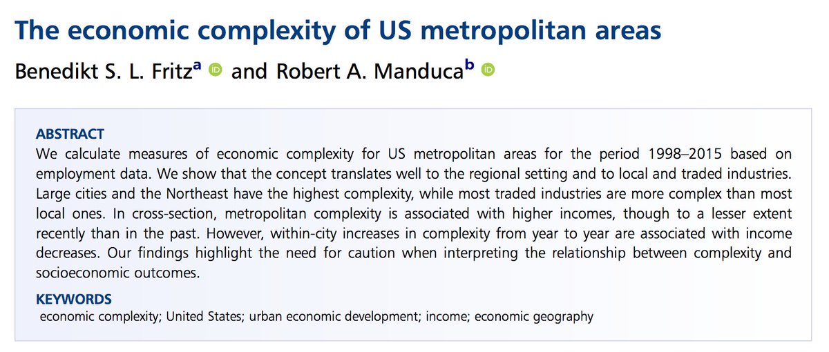 robertmanduca's tweet photo. Here, @BenediktSLFritz apply the Complexity methodology to US metro areas using @uscensusbureau #CountyBusinessPatterns data. https://t.co/BWAFWp3Dvg