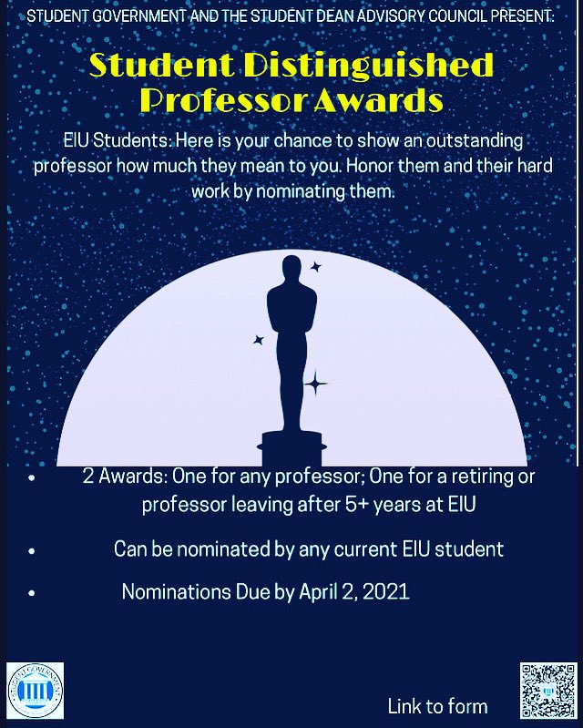 Today is the FINAL DAY to submit your nominations for the Student Distinguished Professor Awards! This is your chance to honor a professor who has made a difference! 
Go to go.eiu.edu/DistinguishedP… to submit your nominations.