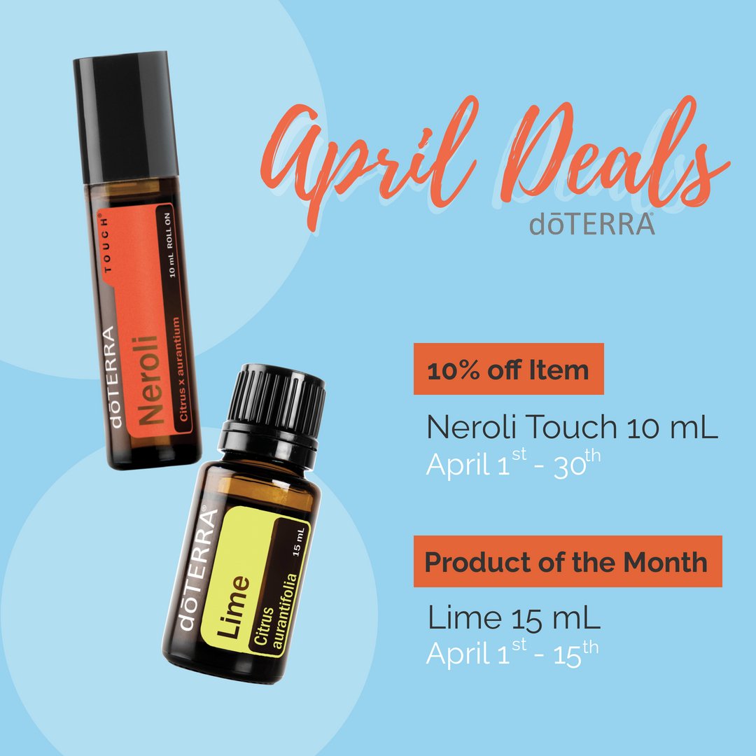EssentialAnoint's tweet image. It’s April! A new month comes with new deals! Make sure to get your hands on these fun oils this month! Neroli Touch is available for 10% off all month and you can receive Lime for Free when you place a 125 PV LRP order before the 15th of April.