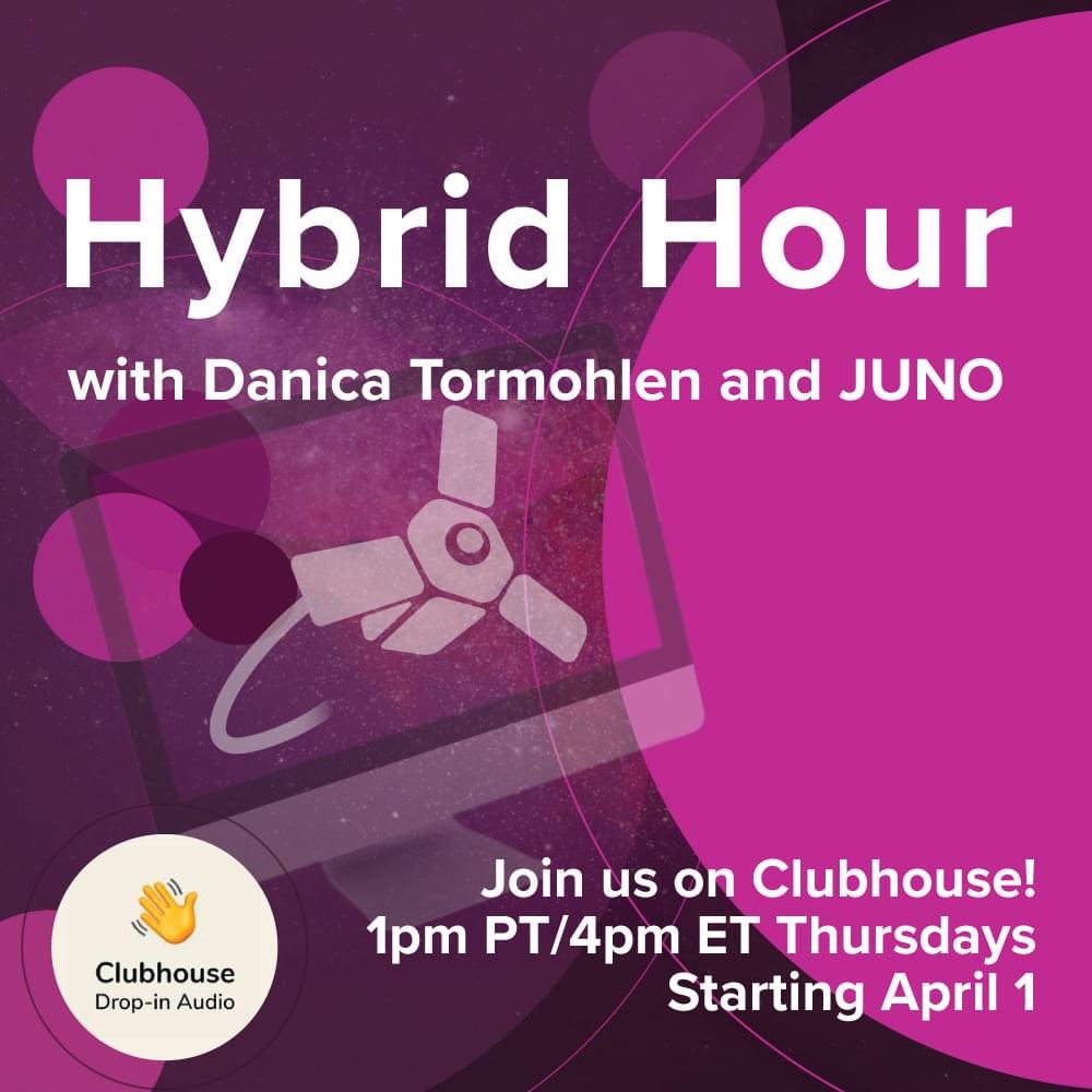 junoliveconnect's tweet photo. Want to continue the conversation? Just us on #Clubhouse tomorrow with @DanicaTormohlen for our #hybridhappyhour to discuss the future of #hybridevents! #eventprofs #eventtech https://t.co/BOhZmynnge
