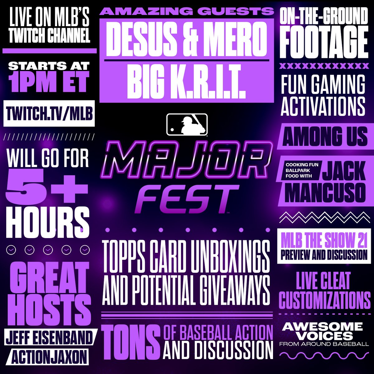 MLB's tweet photo. Everything you need to know about Major Fest, the all-day stream going on our Twitch channel tomorrow!
📰 https://t.co/gCOoLrCD4Z
📺 https://t.co/sNrFCXywiU https://t.co/GJQwJF29FS