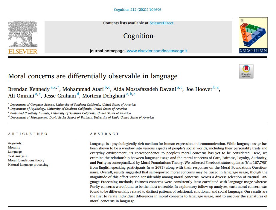 MortezDehghani's tweet photo. We show 1. Moral concerns are observable in language 2. This signal is differential: each moral domain maps onto a distinct linguistic signature  3.Exclusive moral lang is not a great predictor of individuals' moral concerns @berendennedy  @MohammadAtari90 https://t.co/nh8kd6ov2C https://t.co/fIJgKaQL1F