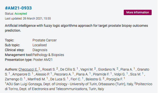 EnricoCheccucci's tweet photo. 📊📈Our data with #AI for #prostatecancer biopsy prediction will be presented at #EAU21. Great collaboration between @PoliTOnews &amp; @unito 🧑‍💻👨‍💼 @EAU_YAUroTech @EAUYAUrology https://t.co/cUuMghtpUK