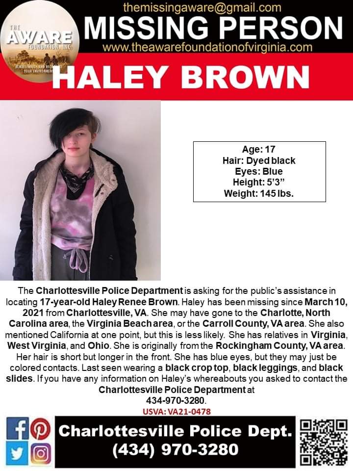 aware_the's tweet photo. #MissingTeen #HaleyBrown #Charlottesville #Virginia @IHaveVanished @NBC29 @CBS19News @NewsRadioWINA @WHSVnews @wsls @WDBJ7 @ABC13News @WFXRnews @CBS6 @8NEWS @NBC12 @MissingKids @LtGovMickey @DisfunkGlee @Paddleboarder @LeighEgan https://t.co/LcMaAieuQR