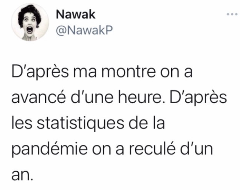 VirusDuLoL's tweet photo. Heure d'été : d'après la montre on a reculé d'une heure, d'après les statistiques de la pandémie, c'est d'un an qu'on a reculé … Plus de 440 blagues anti-covid à retrouver ici : https://t.co/LxWWHBw3WF #blague #humour #covid #confinementSaison3 #confinement #CouvreFeu https://t.co/hR3BAnOmCo