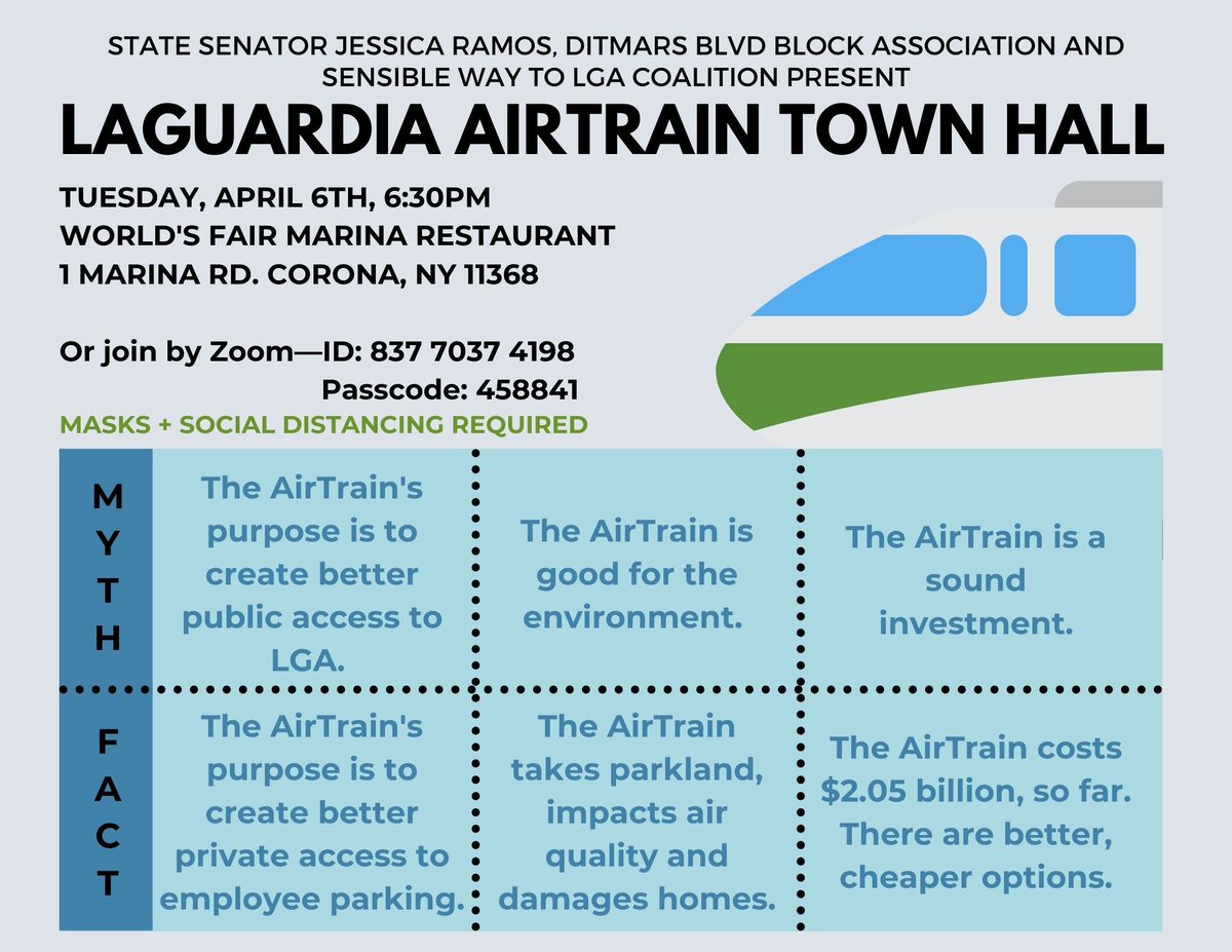 FlushingBay's tweet photo. Join us on Tues, April 6th at 6:30pm for the #WrongWayAirTrain Town Hall co-hosted by @jessicaramos #DitmarsBlvdBlockAssociation and the #SensibleWaytoLGA Coalition. The event will be in person at the World's Fair Marina Restaurant and online. Join whichever way works best! https://t.co/oStmq2CNaa