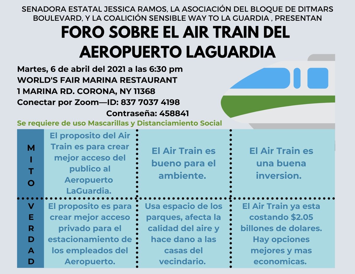 FlushingBay's tweet photo. Join us on Tues, April 6th at 6:30pm for the #WrongWayAirTrain Town Hall co-hosted by @jessicaramos #DitmarsBlvdBlockAssociation and the #SensibleWaytoLGA Coalition. The event will be in person at the World's Fair Marina Restaurant and online. Join whichever way works best! https://t.co/oStmq2CNaa