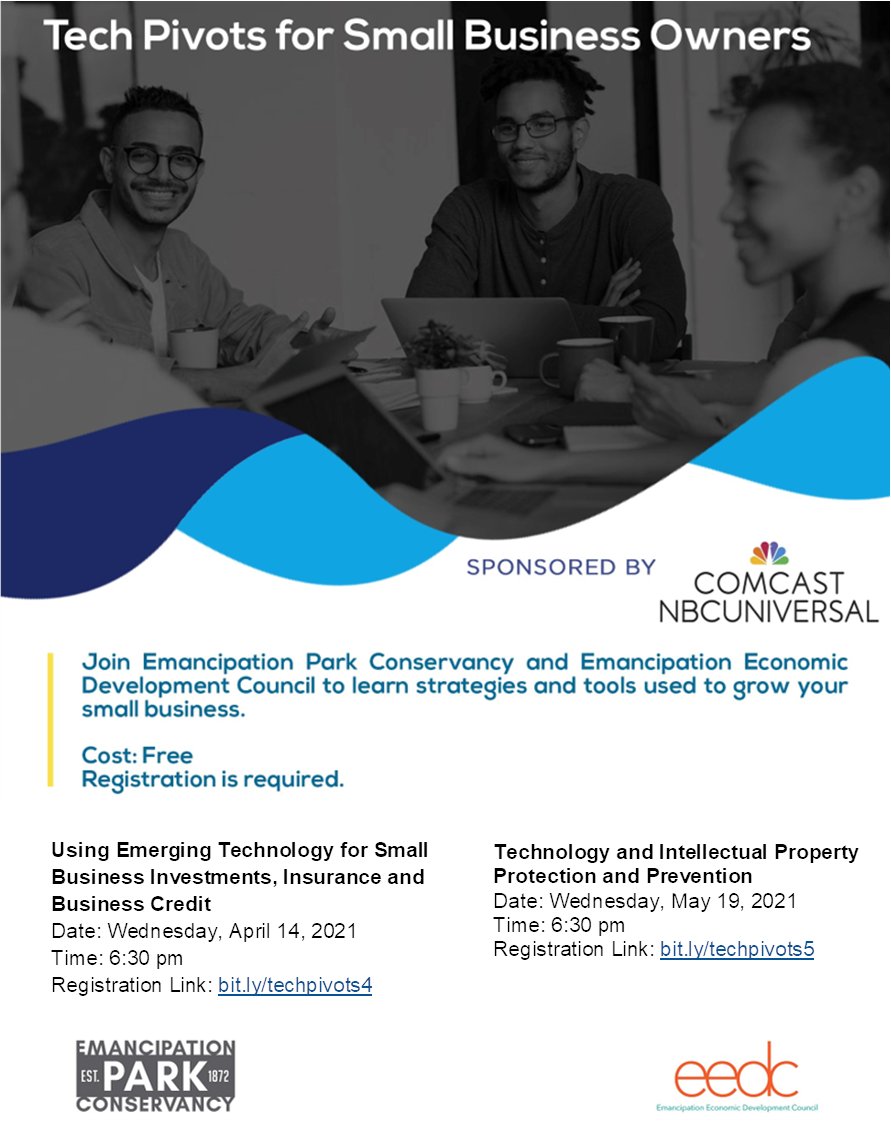 EPConservancy's tweet photo. Join EPC &amp; @EEDCHouston Wed., April 14th at 6:30 p.m. to kickoff our Tech Pivots Series for Small Business Owners sponsored by @ComcastHouston.

Register: https://t.co/KRMdwRXzqS

#EPConservancy #WeLoveEmancipationPark #EPCVirtualHou #EPCProgram https://t.co/LebOznOGMd