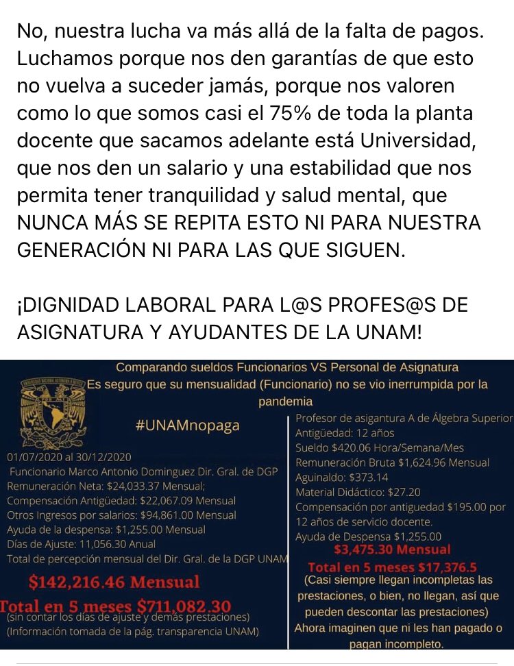 ProfsUnam's tweet photo. Ls profes de asignatura y ayudantes de la UNAM (con el apoyo de muchs estudiantes) estamos luchando por dignificar el trabajo docente del 75% de la planta académica de la UNAM y cerrar la gran brecha de desigualdad que hay en nuestra universidad. #UNAMtratoJustoYa 👇 https://t.co/pbxiGA0EGw