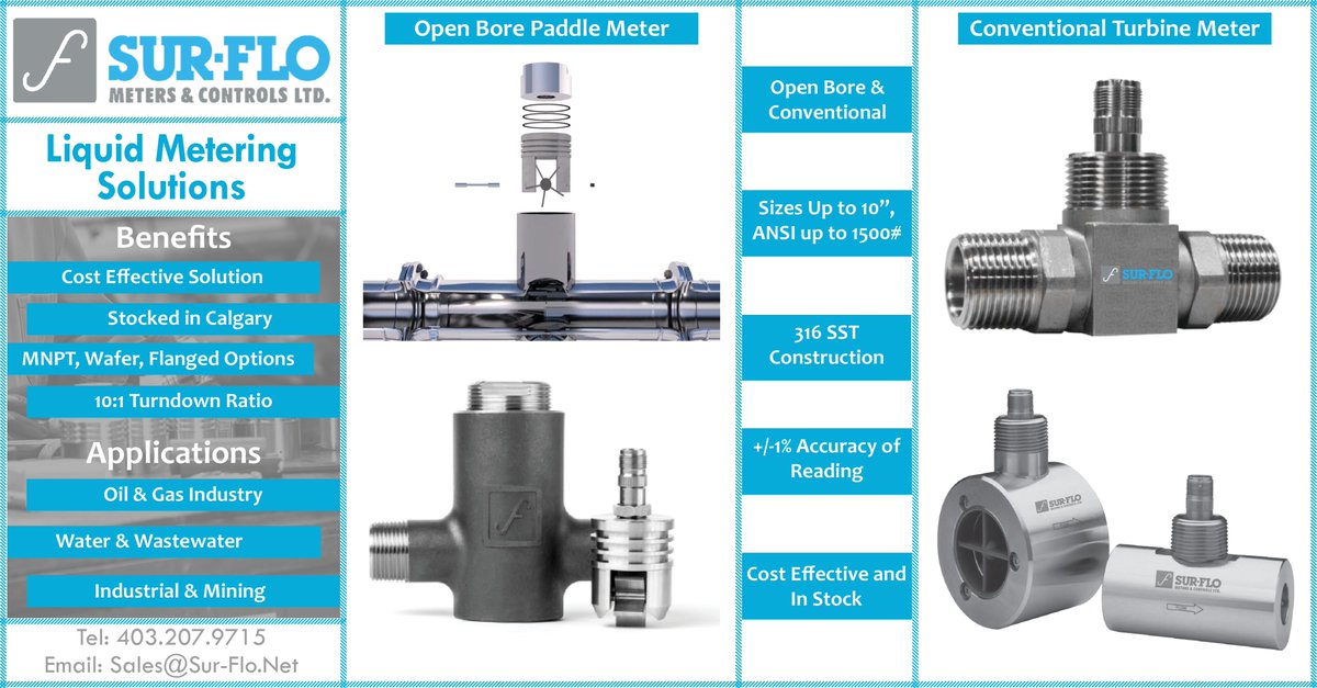 Sur-Flo paddle meter is a liquid flow meter for high debris/high corrosion applications. If you are looking to replace a conventional wafer turbine (or NPT), select from our conventional turbine line. We make things easy and manufacture/stock both in #YYC! sur-flo.net/products/meter…