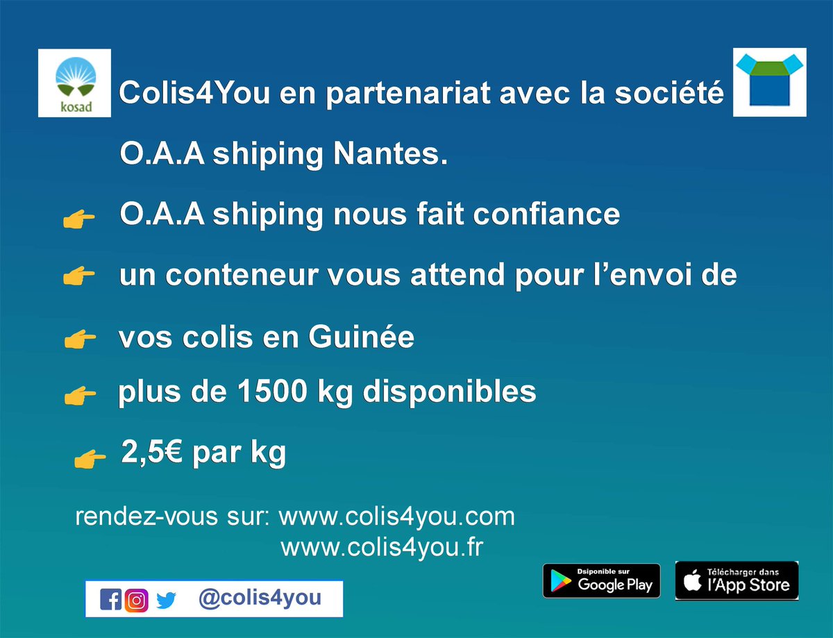 colis4you's tweet photo. Colis4You en collaboration avec la société O.A.A Shipping Nantes.
Envoyer vos colis partout dans le monde en toute SÉCURITÉ.
Rendez-vous sur https://t.co/LUqnDlsDX9
Vous pouvez télécharger l'application Mobile sur Apple Store et sur Play Store.
#Kosad #colis4you https://t.co/chSGczTac3