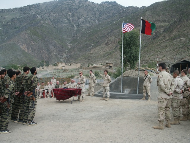 As Winter Strike wound down, a Green Beret team took over the Nangalam encampment the Rangers & 10th Mountain had been using.This base was what Winter Strike left behind, & it was named after Blessing, the first American killed in Kunar or the Pech. Here it is being dedicated: