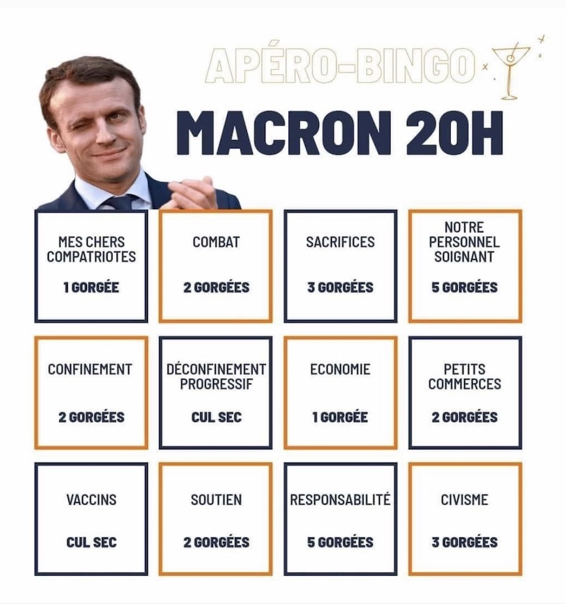 VirusDuLoL's tweet photo. Péparez-vous, voici l'apéro Bingo de l'allocution reconfinement d'Emmanuel Macron. 

Plus de 440 blagues anti-covid à retrouver ici : https://t.co/LxWWHBw3WF #blague #humour #covid #confinementSaison3 #confinement #CouvreFeu https://t.co/TDSRCW5Wmd