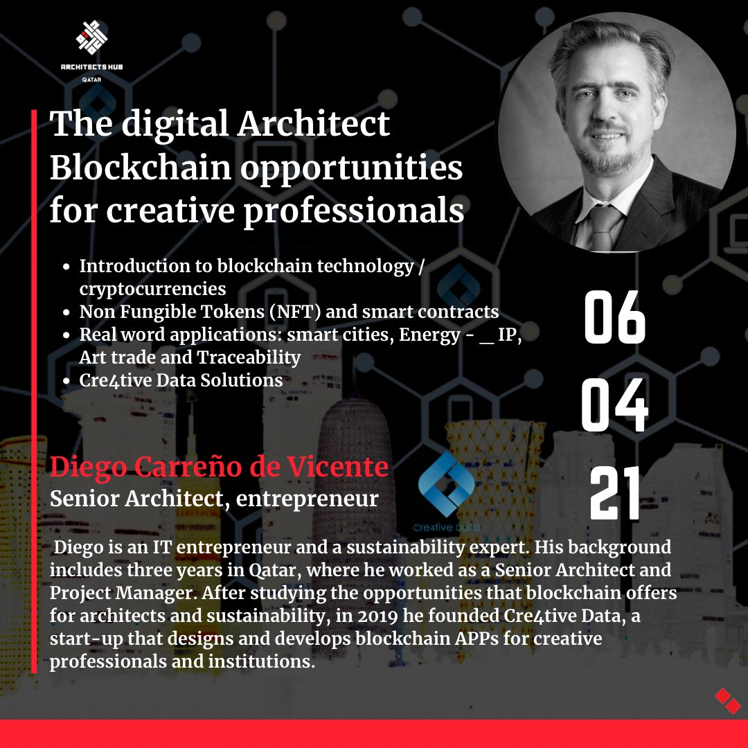 diegodecarreno's tweet photo. Amig@s, es un honor poderos invitar a la conferencia (vía zoom) que daré el próximo mart 6 para el @Qarchitectshub sobre las oportunidades que ofrece la tecnología #bockchain para profesionales en el mundo creativo.

https://t.co/zApUDjHLfe

#nft #arquitectos #profesionales #arte https://t.co/nP0e8FZvnU