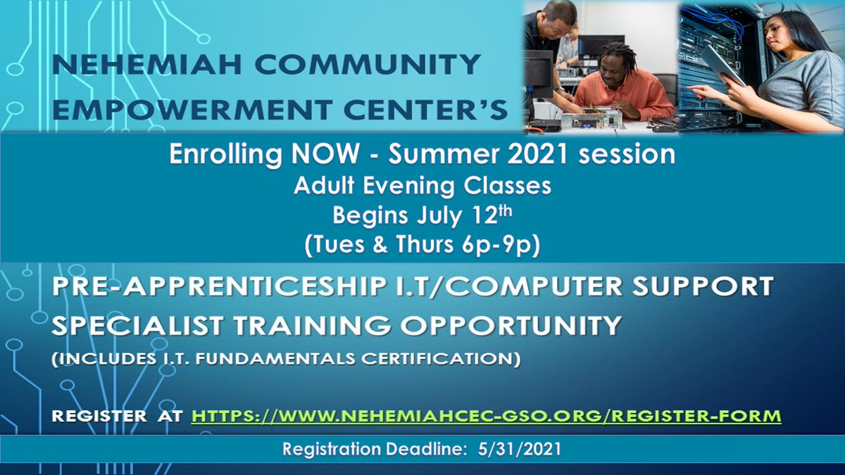 Jldepee's tweet image. Guilford County North Carolina
Registration Link:  nehemiahcec-gso.org/register-form

#IT #EducationForAll #CommunitySupport
