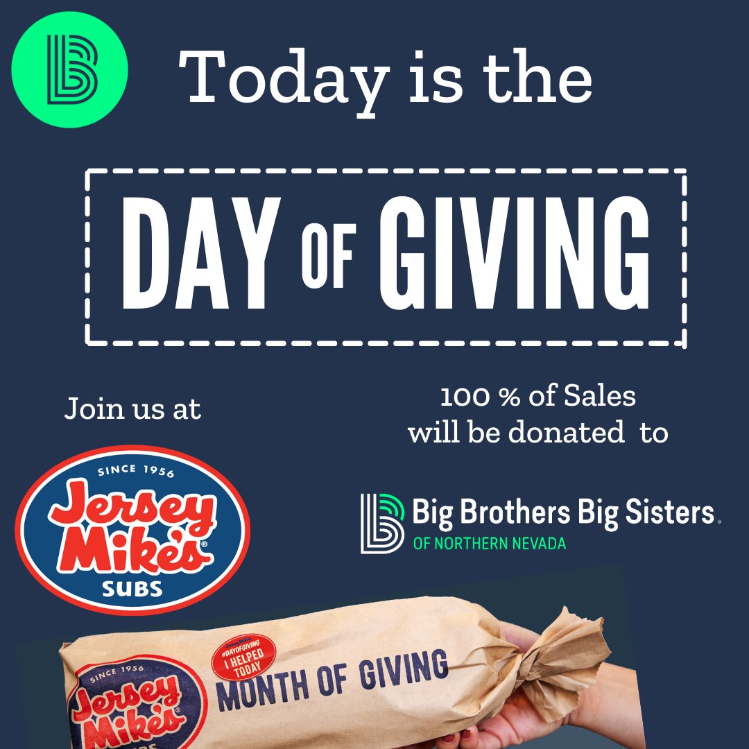 BBBSNN's tweet photo. Today is Jersey Mike’s Day of Giving benefiting Big Brothers Big Sisters of Northern Nevada. 100% of today's sales benefit BBBSNN, including website or meal delivery apps like Door Dash &amp; Uber Eats! So, stop by Jersey Mike's Reno or Sparks location.
#DayofGiving #JerseyMikesGives https://t.co/PCE454BXRb