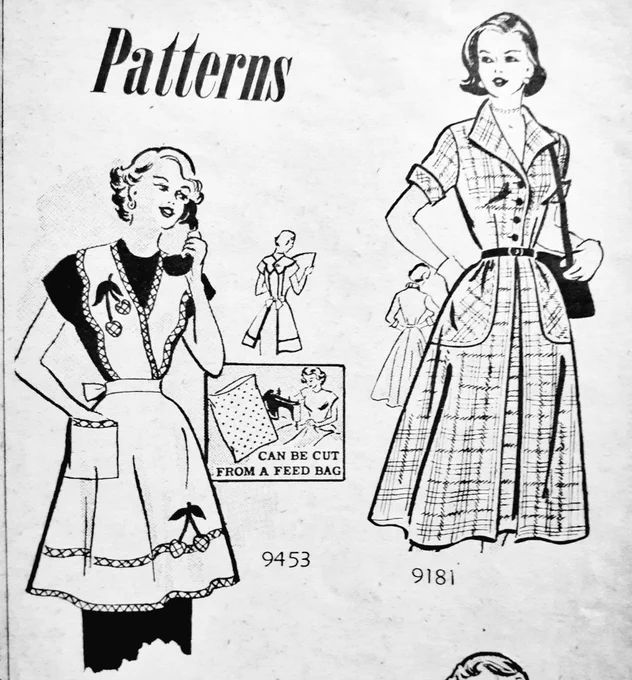 but don't fret! cherries /did/ pop up, albeit very rarely, in 50s fashion. heres this cute cherry apron pattern from the early 50s that i found in one of my women's romance story magazines 