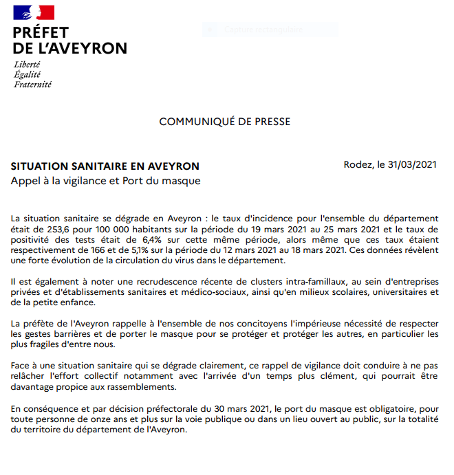 Prefet12's tweet photo. 📢❗️#Covid19 La situation sanitaire en #Aveyron évolue défavorablement. La préfète rappelle chacun à la vigilance et impose le port du masque sur la voie publique et dans un lieu ouvert au public sur tout le département
Plus d'infos👇 https://t.co/UITm6aTwSF