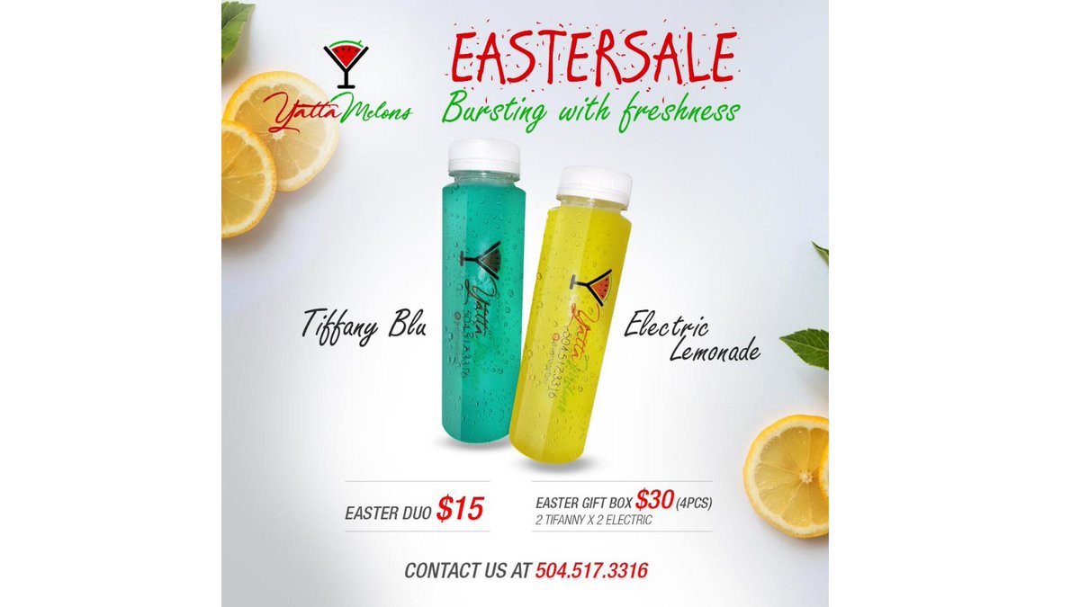 Yattamelons1's tweet photo. Give your Easter celebrations more festive with our Tiffany Blu and Electric Lemonade 🍸 Enjoy our Easter Duo and Gift box!

Celebrate Easter with #yattamelons 🥂

#Easter #Easter2021 #DRINKS #eastertreats https://t.co/8Jt4GLDkL5