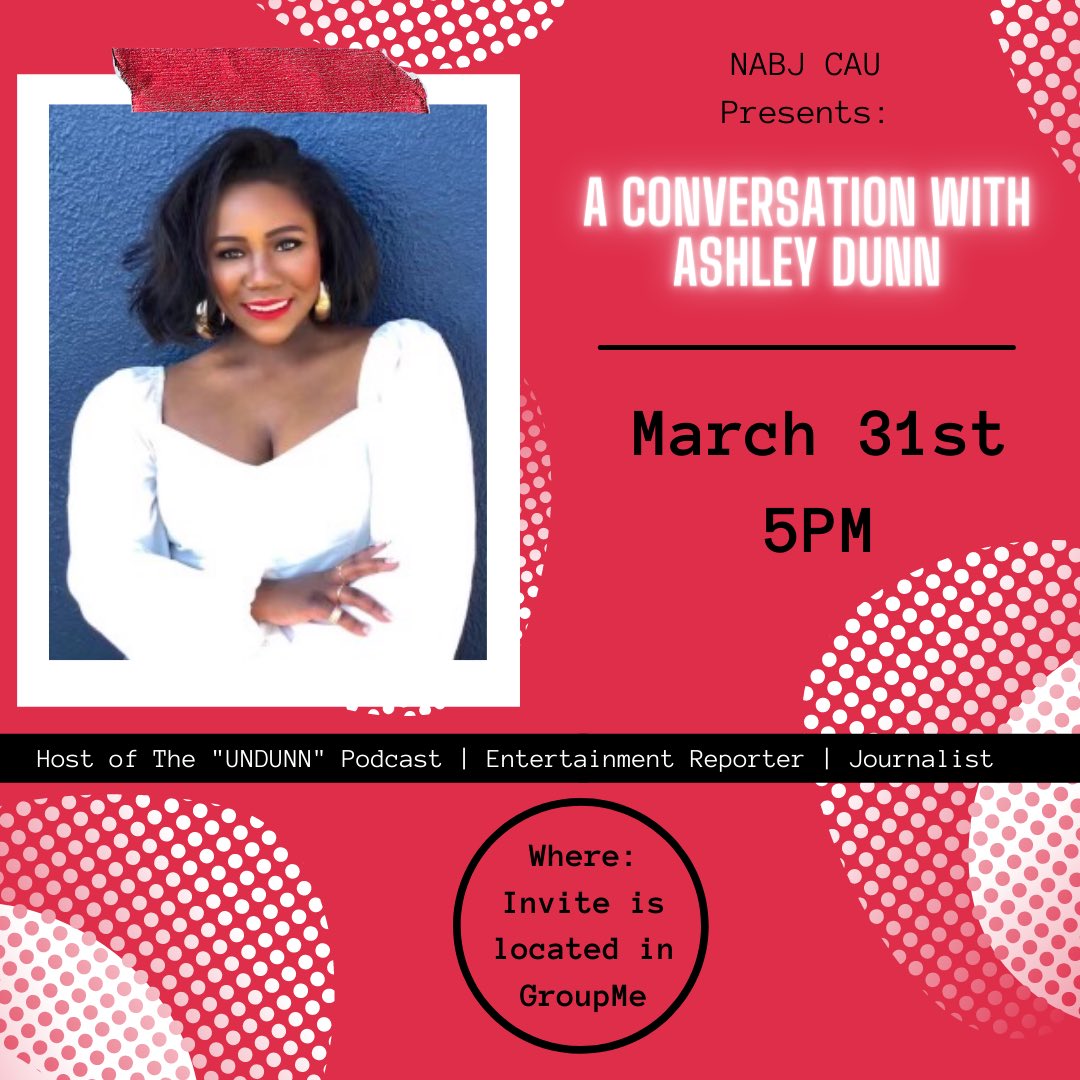 🚨TODAY at 5 PM will be our next speaker session! We are excited to have host, entertainment reporter, and journalist @IAmAshleyDunn come and speak to our members! She will be sharing her experiences as a Black woman in the media industry! Zoom info will be in the GroupMe!🔥 #CAU