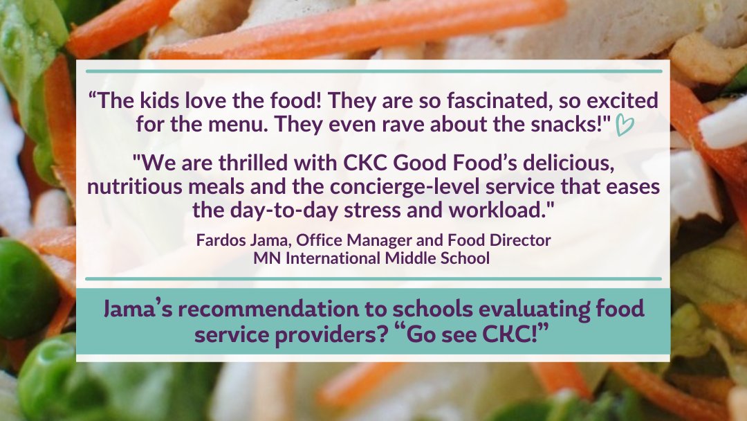 CKCGoodFood's tweet photo. In our first year serving MN International Middle School, CKC Good Food increased lunch participation from 50% to 90% and breakfast from 50-60% to 99%! https://t.co/Px3xD25r6P  #CKCGoodFood #feedingourfuture https://t.co/wMCxwIc4Aq