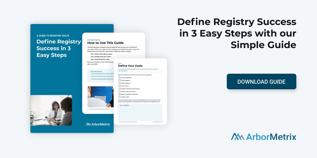 ArborMetrix's tweet image. Download our guide: Define Registry Success in 3 Easy Steps. Use it to set goals, identify performance metrics, &amp;amp; determine desired results. You’ll come away with a clear vision that sets your #clinicalregistry up for success. hubs.ly/H0Kgl4D0 #ArborMetrix